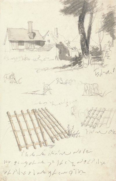 Studies of Farmhouses by a Gate, Ploughing and Harrows by Robert Hills