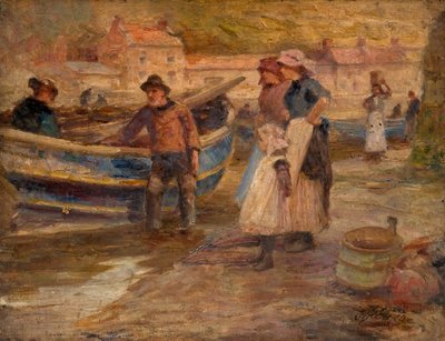 Harbour Scene with Fishermen by Robert Jobling