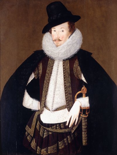 Portrait of Sir Charles Cornwallis, in a Fur Trimmed Black Cloak, White Doublet and Brown, Gold Embroidered Waistcoat by Robert Peake