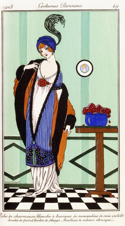 Parisian Clothing: White Charmeuse Robe with Violet Embroidered Silk Tunic by Robert Pichenot