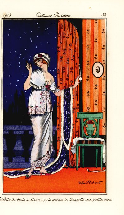 Woman in evening gown of polka-dot linen decorated with lace and roses by Robert Pichenot