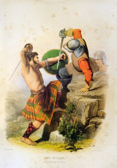 Scottish Warrior Mac Millan Fighting in Kilt and Barefoot with the Sword - Lithograph from 