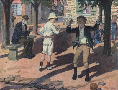 A young boy gets angry during a game with his comrades (bad player). Illustration by Robert Salles in 