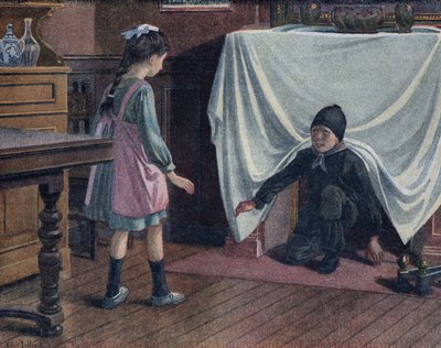 A young chimney sweep covered in soot leaves the chimney covered by a sheet. He scares a little girl who thinks he