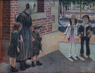 Charity: A Mother and Her Two Children Ask for Alms from a Young Boy and a Young Girl on the Street Who Will Give Them Their Savings and Toys. Illustration by Robert Salles (1871-1929) in 