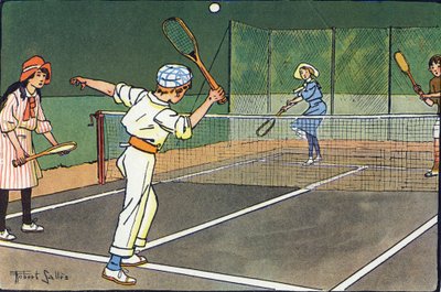 Lawn tennis. Engraving in "What are we playing?" by E. Weber with watercolour drawings by Robert Salles. Librairie Garnier Freres, Paris by Robert Salles
