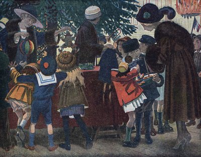 The Christmas Tree of the Lorraine Alsatians: Children from Alsace and Lorraine (Alsace-Lorraine) Come to Pick Up Their Gifts Around the Christmas Tree Offered to the City. Illustration by Robert Salles (1871-1929) in 