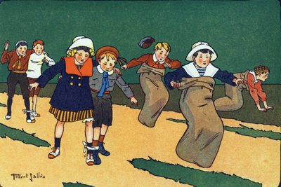The bag race. Engraving in "What are we playing?" by E. Weber with watercolour drawings by Robert Salles. Librairie Garnier Freres, Paris by Robert Salles