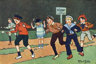 The egg race. Engraving in "What are we playing?" by E. Weber with watercolour drawings by Robert Salles. Librairie Garnier Freres, Paris by Robert Salles