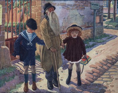 The stick of the blind: two children help a blind old man walk. Illustration by Robert Salles (1871-1929) in 