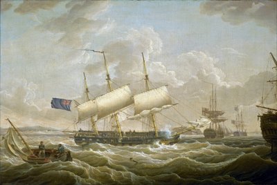 A frigate anchored in the Mersey. Fort Perch Rock is visible on the horizon by Robert Salmon