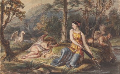 Diana, Goddess of the Hunt, with Satyrs, Sleeping Cupid and a Pegasus in a Wooded Landscape by Robert Smirke