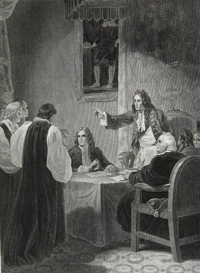 The Bishops before the Privy Council, 1688, engraved by George Noble, Illustration from David Hume