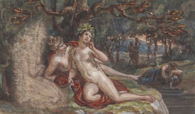 Wooded Scene with a Couple Laying under a Tree, by a Stream by Robert Smirke