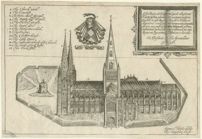 Lichfield Cathedral - South View: Copper-Plate Engraving, nd [17th cent] by Robert Vaughan