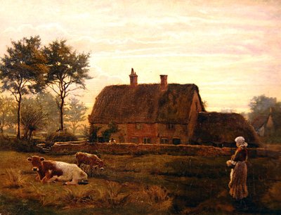 Cattle Grazing by a Thatched Cottage at Sunset by Robert Walker Macbeth