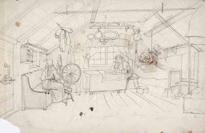 Interior with Three People: One Drinking Coffee in Bed, One Eating Porridge at the Table, and One by the Spinning Wheel by Robert Wilhelm Ekman