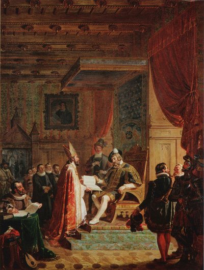 Mikael Agricola Hands Over New Testament Finnish Translation to King Gustav Wasa by Robert Wilhelm Ekman