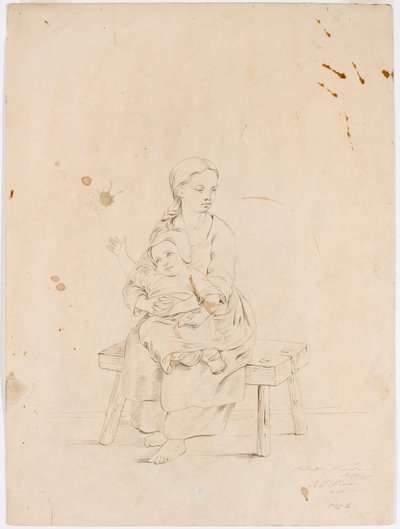 Young Woman Sitting on a Bench with a Small Child in Her Lap by Robert Wilhelm Ekman