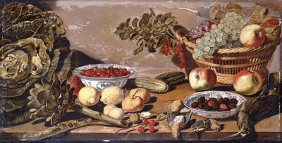 Bowls of Cherries and Blackberries, a Basket of Grapes, Apples and Red Currants, a Cabbage, Artichoke, Lemons, Gherkins, Nuts, Other Fruit, Dead Snipe and Thrushes on a Table by Robert Willemsz de Baudous