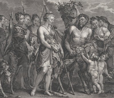 Diana Returning from the Chase, Accompanied by Dogs and Her Nymphs at Left, Two Satyrs by Robert de Launay