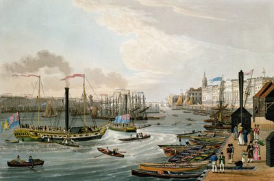 A View of London Bridge and the Custom House, with the Margate Steam Yachts, pub. 1820 by Colnaghi und Co. by Robert the Elder and Younger Havell