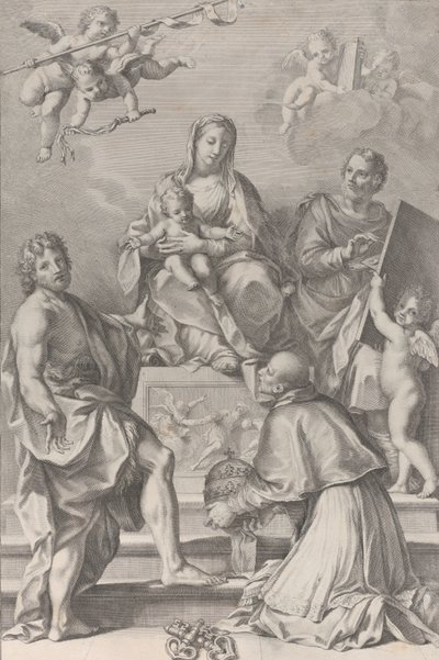 Madonna and Child at center with Saint John the Baptist, Saint Luke, Pope Peter Celestini, 1694 by Robert van Audenaerde