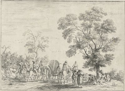 Covered Wagon Escorted by Riders by Robert van den Hoecke