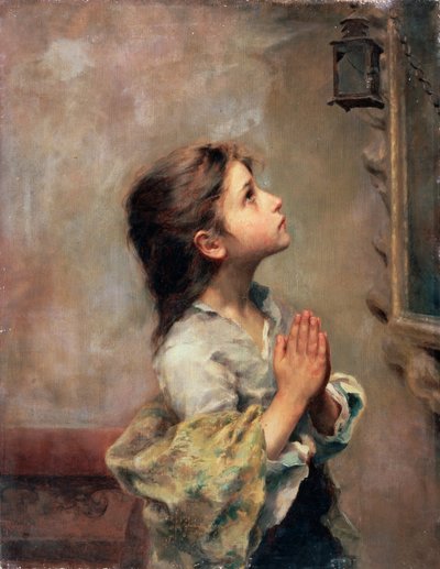 Praying Girl, Italian Painting of 19th Century by Roberto Ferruzzi