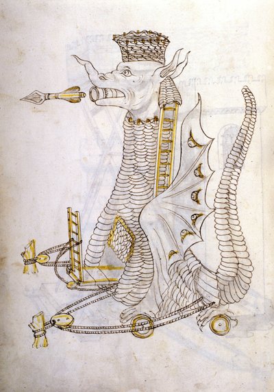 Arabica Machina. Illustration of an Arab War Machine in the Shape of a Dragon with Giant Arrows Coming Out of Its Mouth. In 