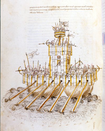 Art of War: Study on Military Machines, Model of Armored Warship. Illustration from 