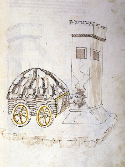 Art of War: Study on Military Machines. A Machine Equipped with a Shell Assaulting a Tower, Illustration from 