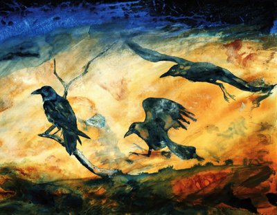 Flying Ravens Golden Sky by RodMacIver