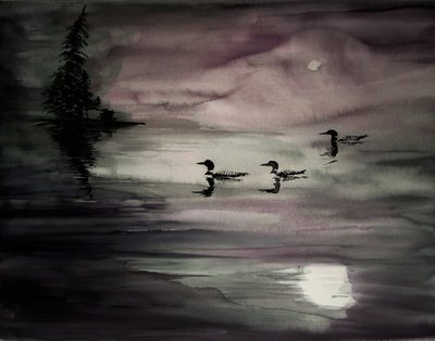 Loons on a Moonlit Lake by RodMacIver