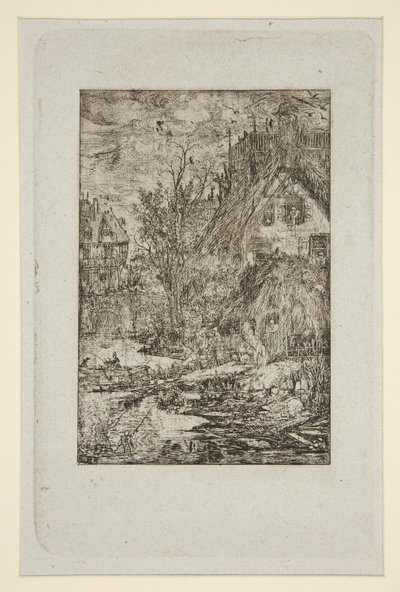 Village Entrance (Thatched Cottages) by Rodolphe Bresdin