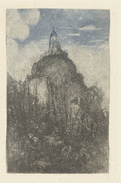 Building on a Rock and Resting Shepherds with Sheep at the Foot of the Rock from Le Phare, Chapelle alpestre by Rodolphe Bresdin