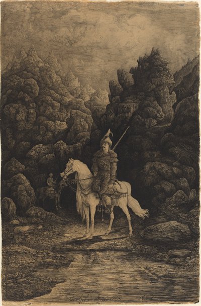 Oriental Horseman in a Desolate Mountain Landscape by Rodolphe Bresdin