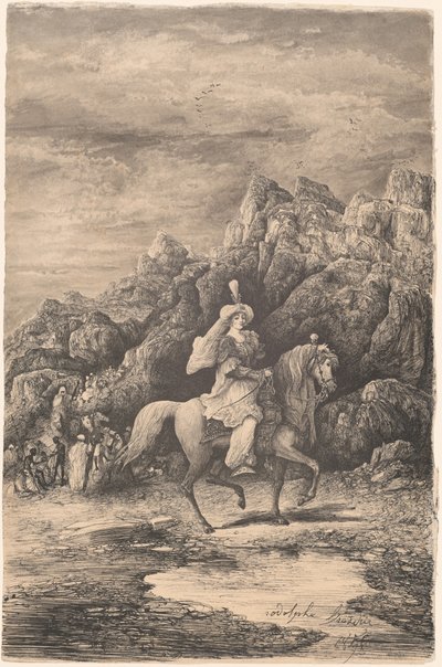 Oriental Horsewoman in a Desolate Mountain Landscape by Rodolphe Bresdin