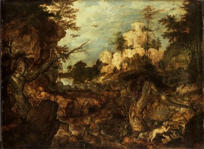 Wild Boar Hunt in a Rocky Landscape by Roelandt Jacobsz. Savery