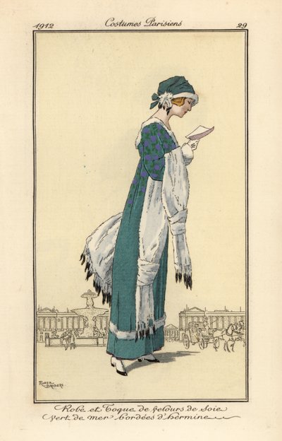 Woman reading a letter wearing a dress and toque hat of sea-green silk velvet edged with ermine. Ermine shawl and muff, Handcoloured pochoir etching after an illustration by Roger Broders from Tommaso Antongini’s Journal des Dames et des Modes by Roger Broders