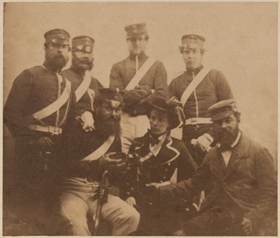 Two Officers and Four Men with Cantiniere, Crimea, 1855 by Roger Fenton