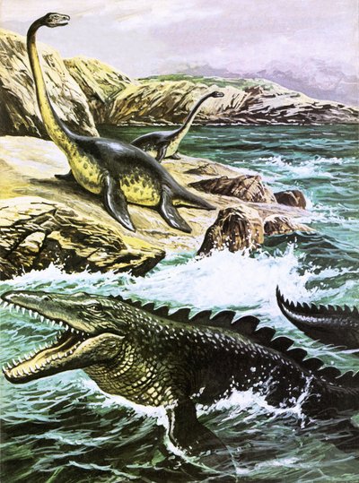 Plesiosaurus and Tylosaurus by Roger Payne