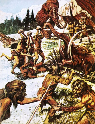 Pre-historic men attacking mammoths by Roger Payne