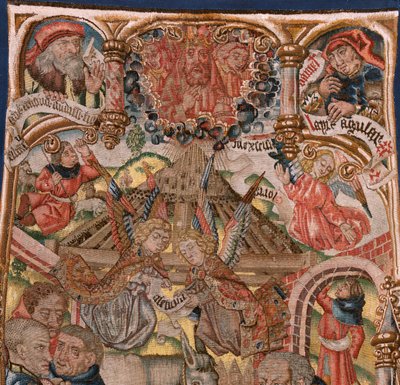 Flemish tapestry. Triptych of the Birth of Christ. Models from Cartoonist of the circle of Rogier van der Weyden. Manufacture Southern Netherlands. Ca 1492. Fabric Gold, silver, silk and wool. by Rogier van der (circle of) Weyden