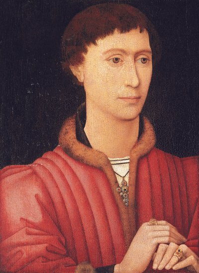 Portrait of a young man, bust-length, in a fur-trimmed red doublet by Rogier van der (circle of) Weyden