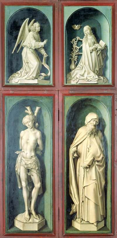 The Annunciation, St. Sebastian, St. Anthony the Great and the two Donors, panels from the reverse of the Last Judgement, c.1445-50 by Rogier van der Weyden