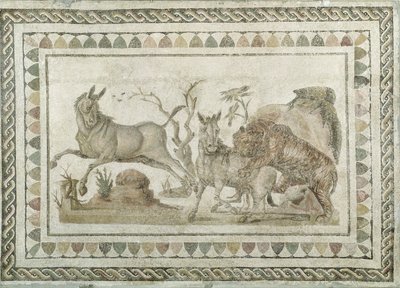 A Tiger Attacking Two Onagers, from the House of the Dionysian Procession, El-Jem by Roman