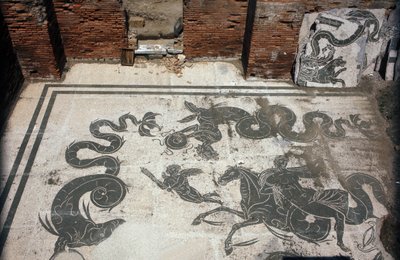 Ancient Ostia. Place des Corporations. Mosaic of the Sabratha Seafarers Corporation. Baths of Neptune by Roman