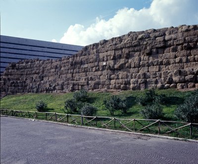 Ancient Rome, archaic period: view of the ruins of the Servian Wall, first enclosure of the city of Rome, built under King Servius Tullius. 6th century BC Italy by Roman