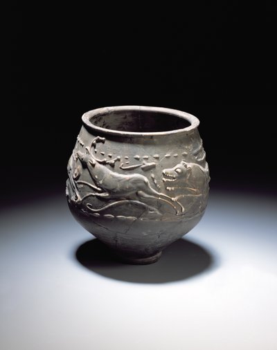 Beaker decorated with a hunt scene showing stag, hind and hounds, from the Roman site at Newstead, Melrose, AD 140-80 by Roman